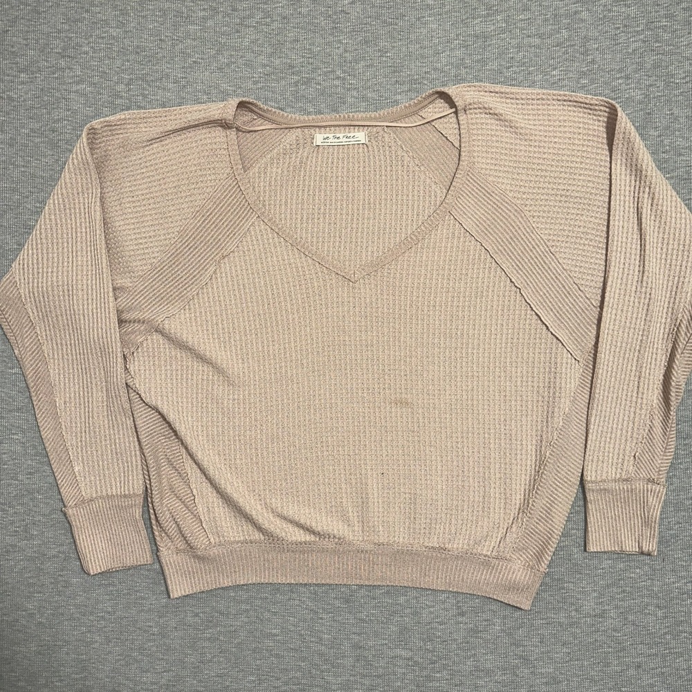 We The Free Free People Waffle Knit Thermal V-Neck Top Oversized Beige Size M